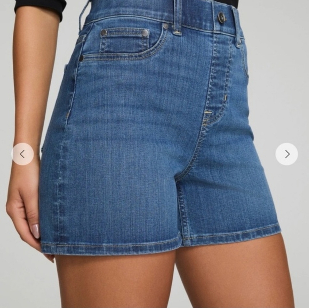 Spanx Womens Denim Blue Shorts Pull On Size L High Rise Strech Tummy Control